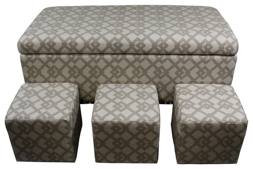 Taupe Geometric Storage Bench With Ottomans Four Piece Set