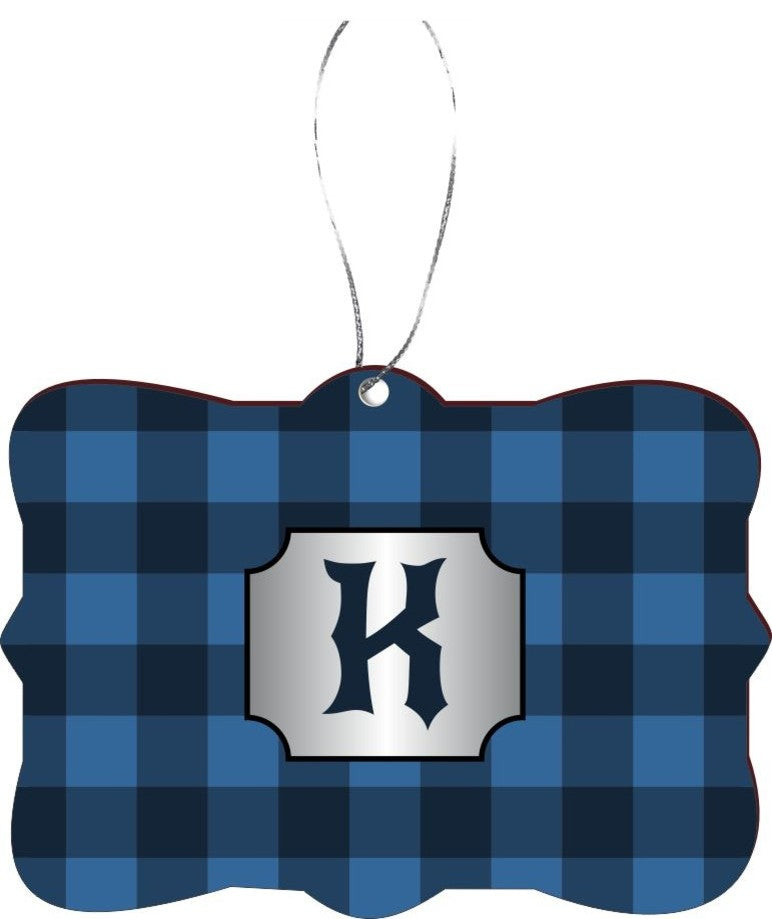 Letter K Lumberjack Blue Monogram Design Rectangle Christmas Tree Ornament