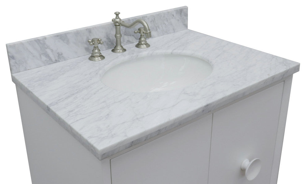 31" Single Wall Mount Vanity, White Finish With White Carrara Top