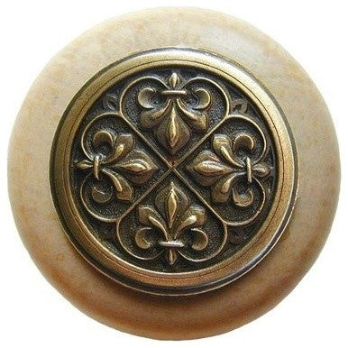 Fleur-de-Lis Wood Knob, Antique Brass, Natural Wood Finish, Antique Brass