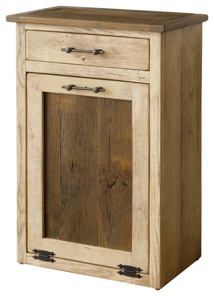 Reclaimed Oak Tilt-out Garbage Bin With Drawer, White With Van Dyke Brown and Smoked Hickory