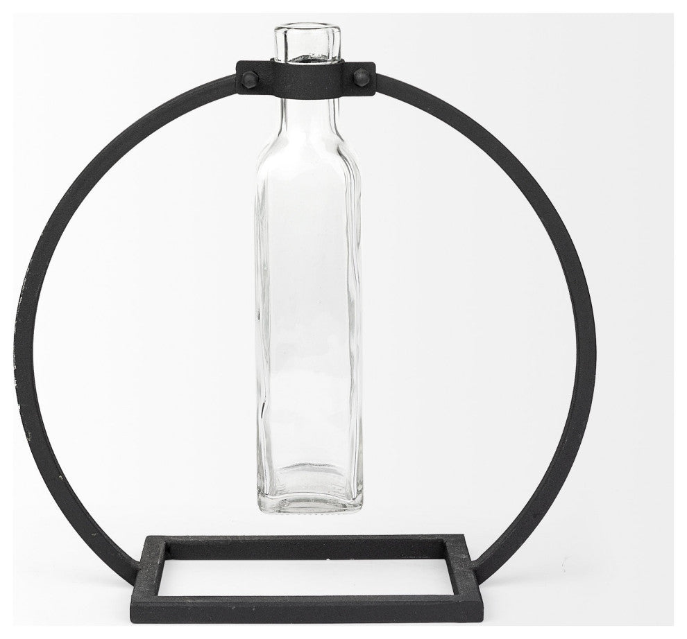 Modern Industrial Black Rectangle Metal and Glass Vase