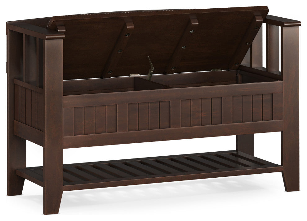 Acadian Solid Wood Entryway Storage Bench With Shelf, Brunette Brown