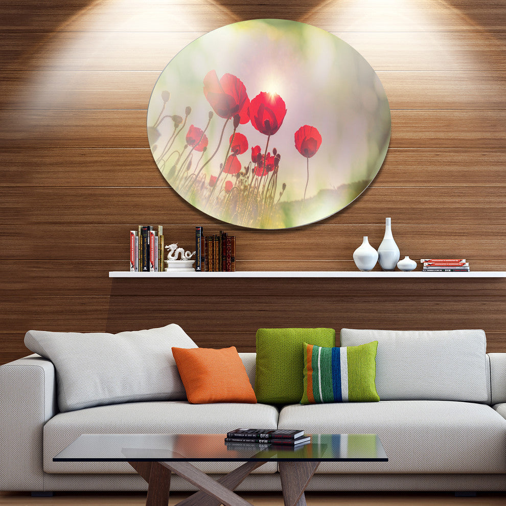 Wild Red Poppy Flowers, Floral Disc Metal Artwork, 36"