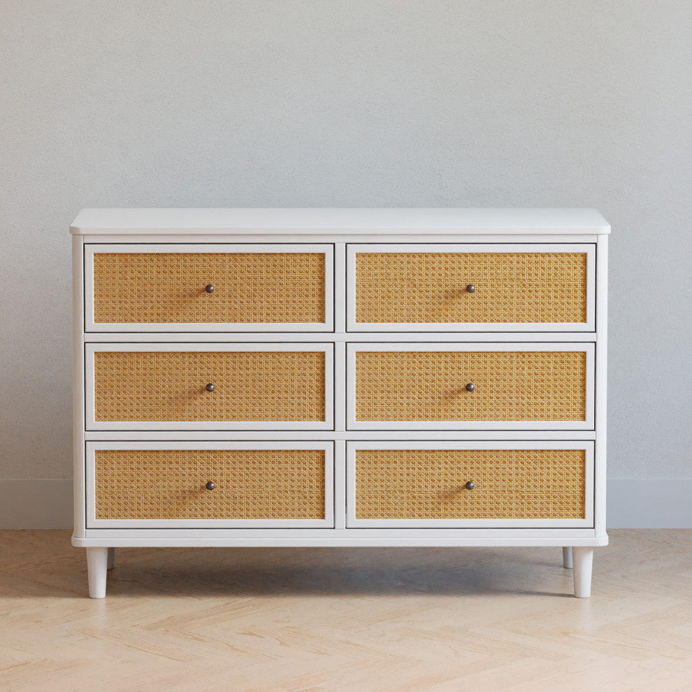 Marin With Cane 6 Drawer Assembled Dresser, Warm White/Honey Cane