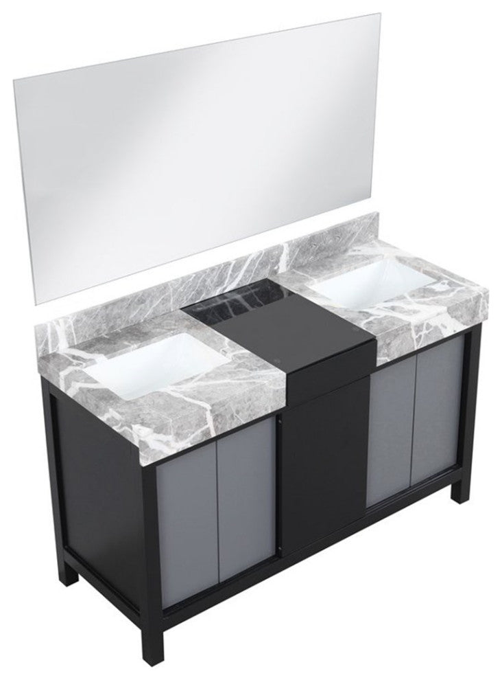 Lexora Home Zilara 55" Double Marble Top Bathroom Vanity with Mirror in Black