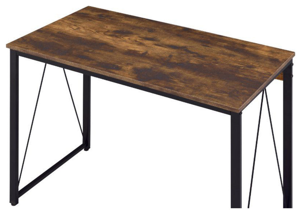Wooden Writing Desk With Metal Frame, Weathered Oak and Black