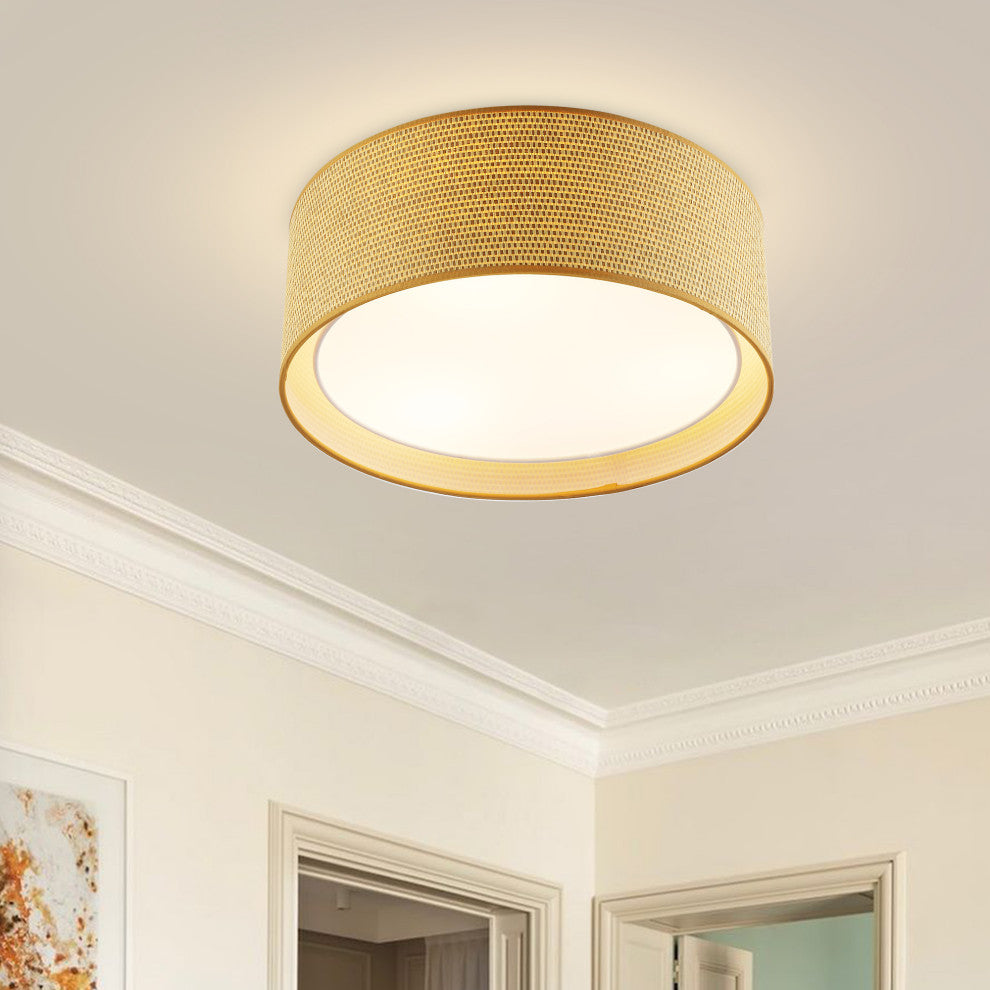 3-Light Double Shade Drum Flush Mount, Tan Brown