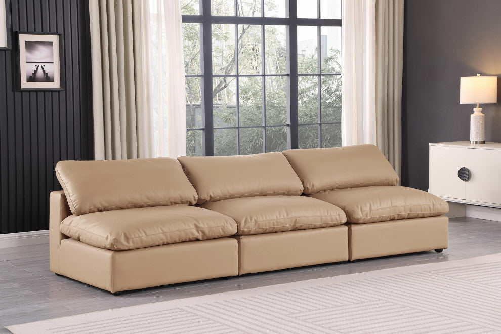 Comfy Upholstered Modular Sofa, Tan, 3-Piece: 3 Armless Chair, Vegan Leather