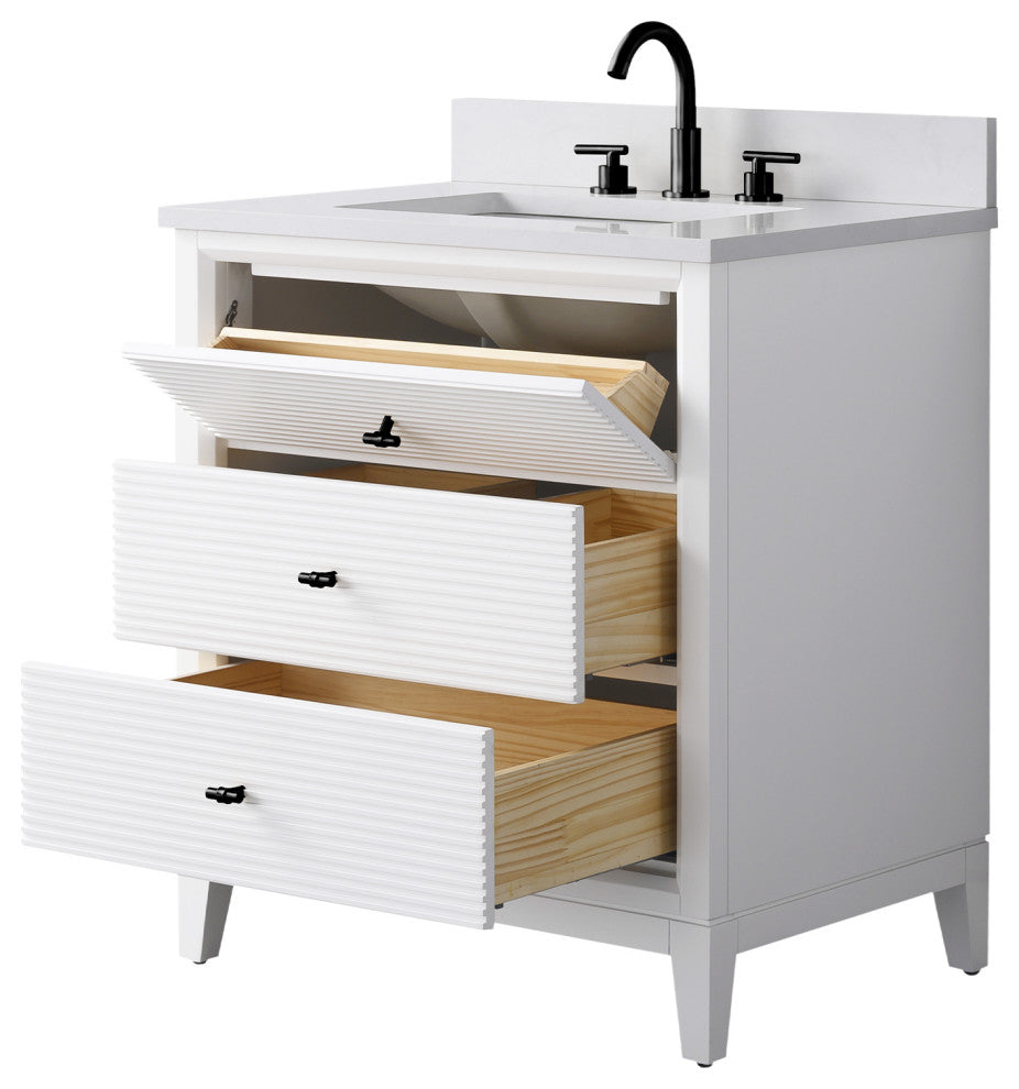 Vanity Art Bathroom Vanity with Engineered Marble Top and Sink, White, 30", Matte Black