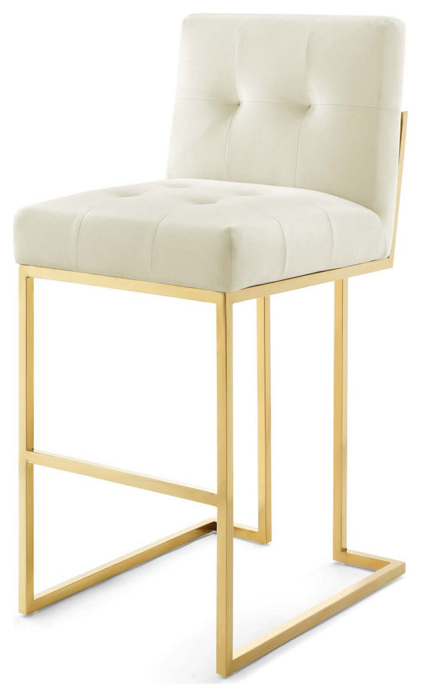 Bar Stool Chair Barstool, Set of 2, Velvet, Gold Ivory White, Pub Cafe Bistro