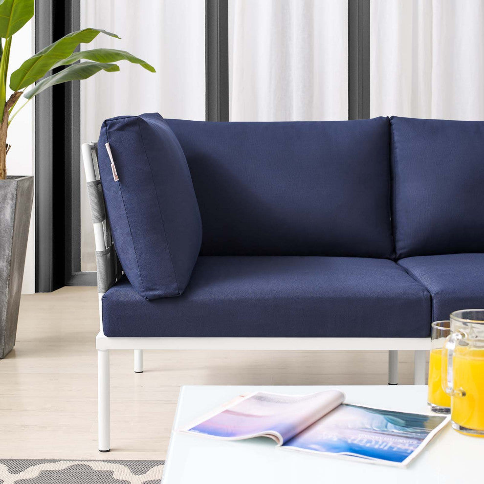 Lounge Loveseat Sofa, Sunbrella, Aluminum, Metal, Gray Blue Navy, Outdoor