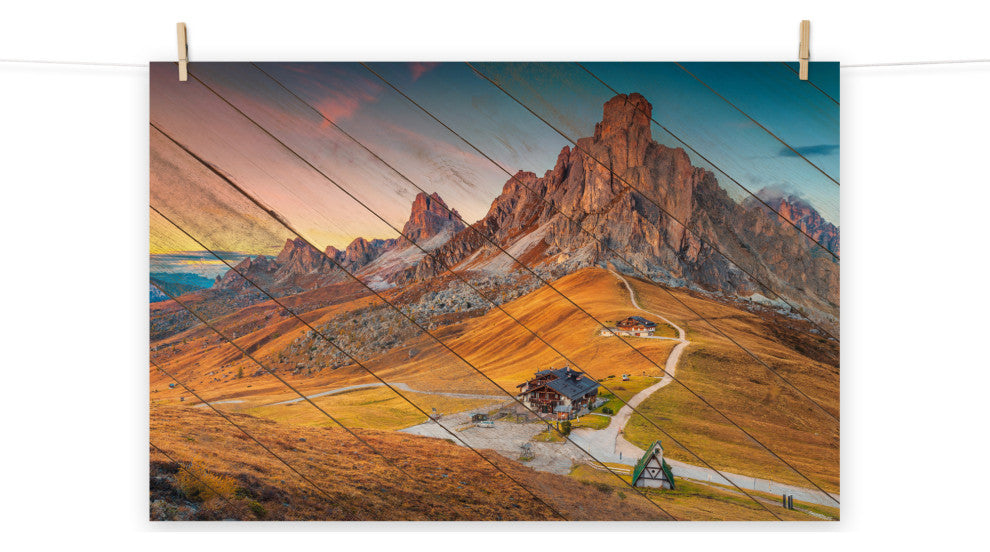 Faux Wood Majestic Sunset & Alpine Mountain Landscape Photo Wall Art Print, 16" X 20"