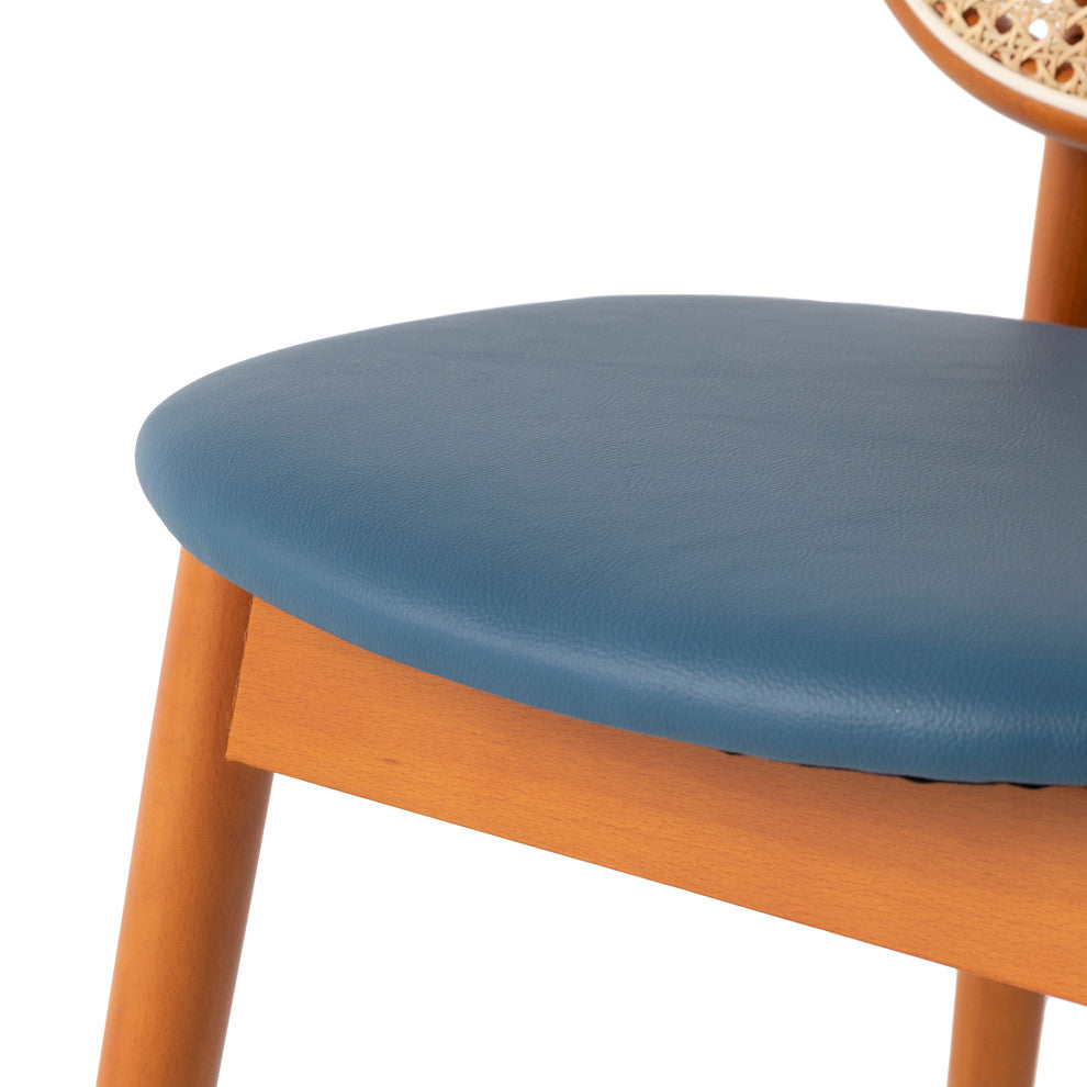 LeisureMod Holbeck Modern Dining Chair with Wood Legs and Wicker Back, Navy Blue