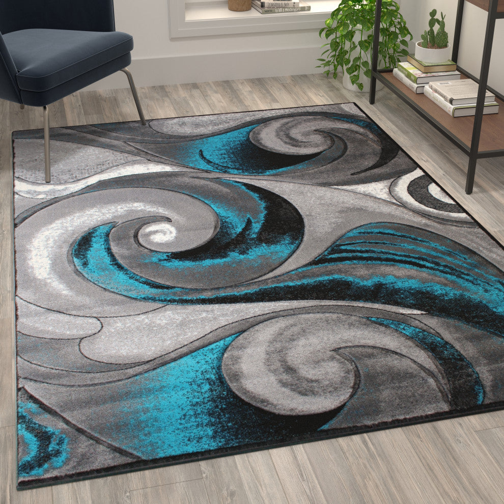 Angie Collection Rectangle 5' x 7' Turquoise Ocean Waves Pattern Area Rug