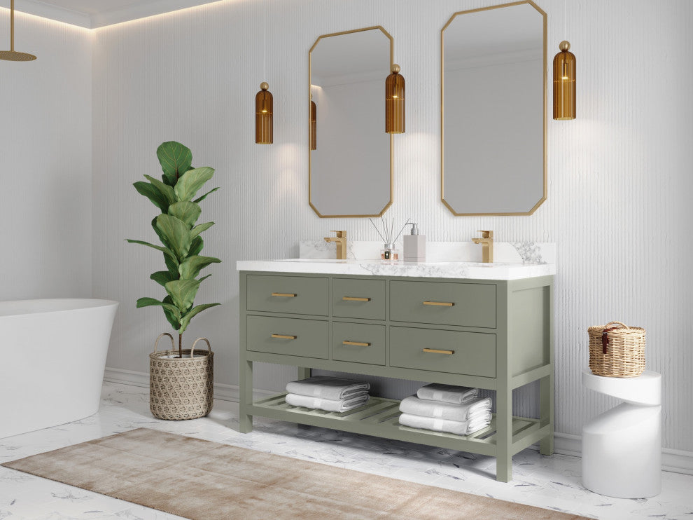 Parker 60" Double Sink Bath Vanity, Evergreen 2" Calacatta Black