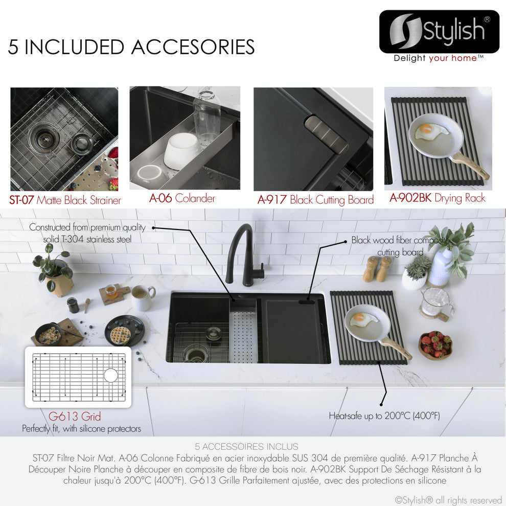 STYLISH 33 Undermount 33" Workstation 16G Single-Bowl Graphite Kitchen Sink