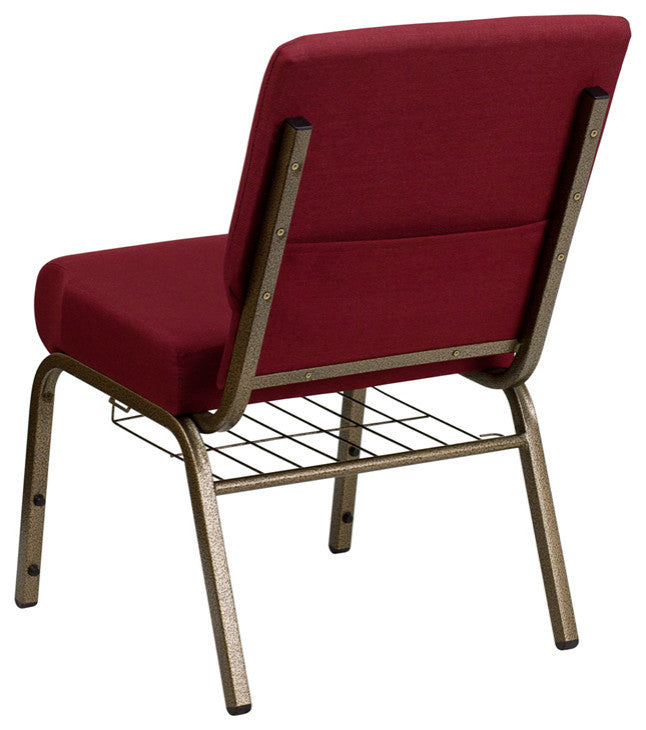 HERCULES 21'W Church Chair, Burgundy Fabric, Cup Book Rack, Gold Vein Frame