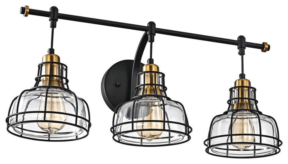 3-Light Black and Antique Gold Vanity With Clear Glass Shades