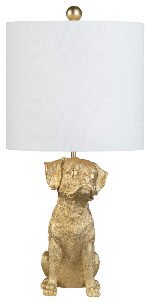 23" Gold Resin Boxer Dog Table Lamp With White Drum Shade