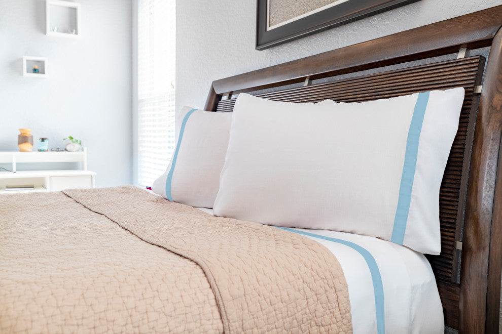 200 Thread Count Ribbon 100% Cotton 4-Piece Sheet set, Light Blue, Full