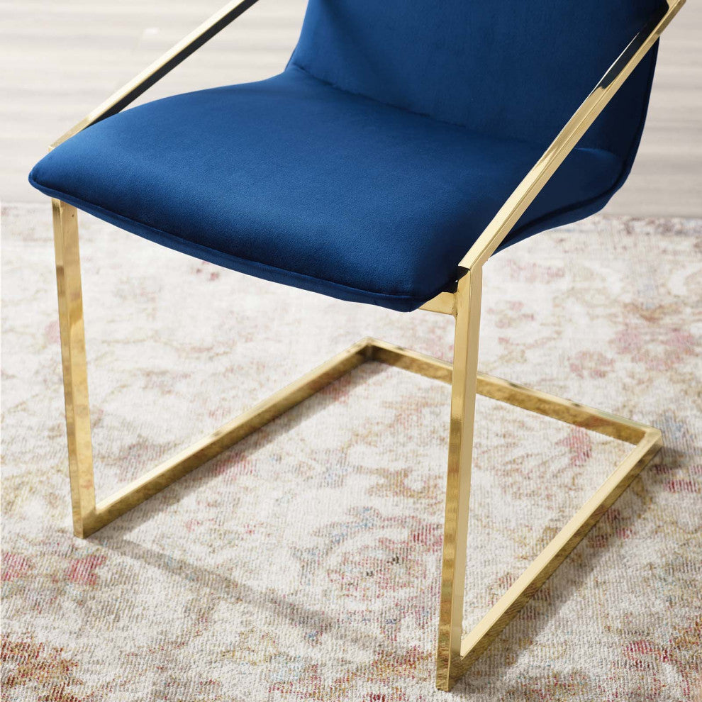 Side Dining Chair, Velvet, Metal, Gold Blue Navy, Modern, Cafe Bistro Restaurant