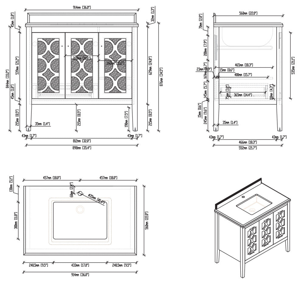 Laviva 313MKSH-36W-WS Mediterraneo 36" White Bathroom Vanity with White Stripes
