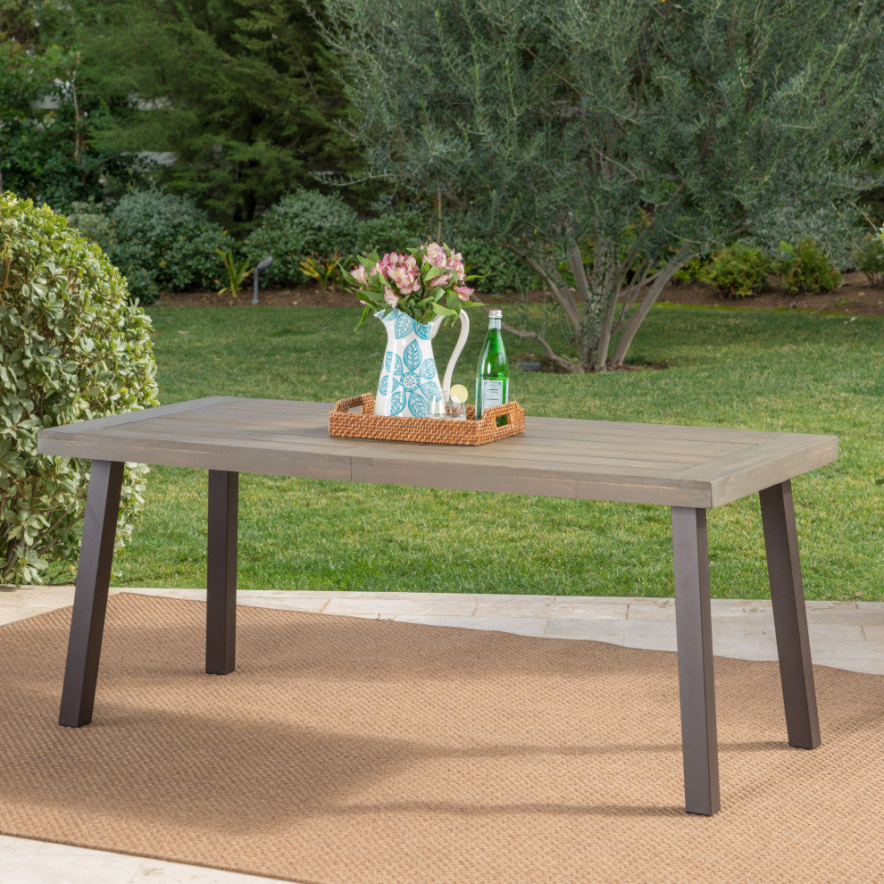 GDF Studio Mika Outdoor Finish Acacia Wood Dining Table With Metal Legs, Gray/Rustic Metal