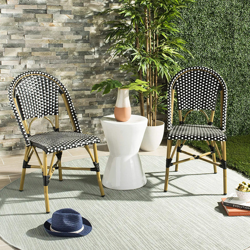 2 Pack Patio Side Chairs with Aluminum Frame and Woven Wicker Seat, Black/White