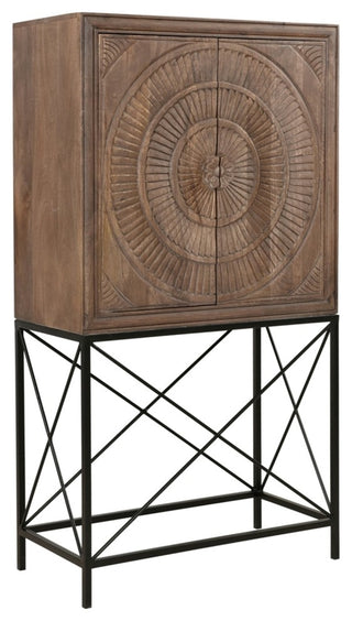Albert Solid Wood Wine Cabinet with 2 Hand-Carved Doors in Brown