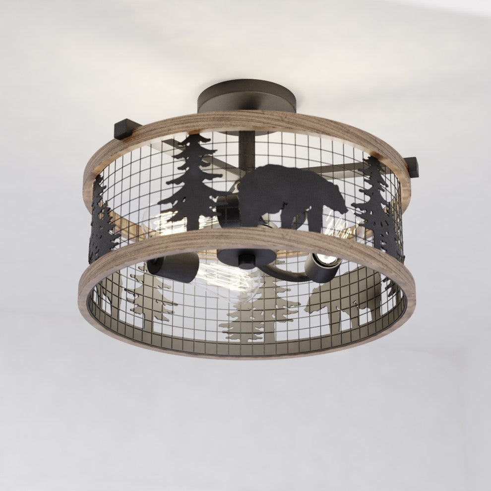 Kodiak 16" 3 Light Semi-Flush Black and Burnished Teak