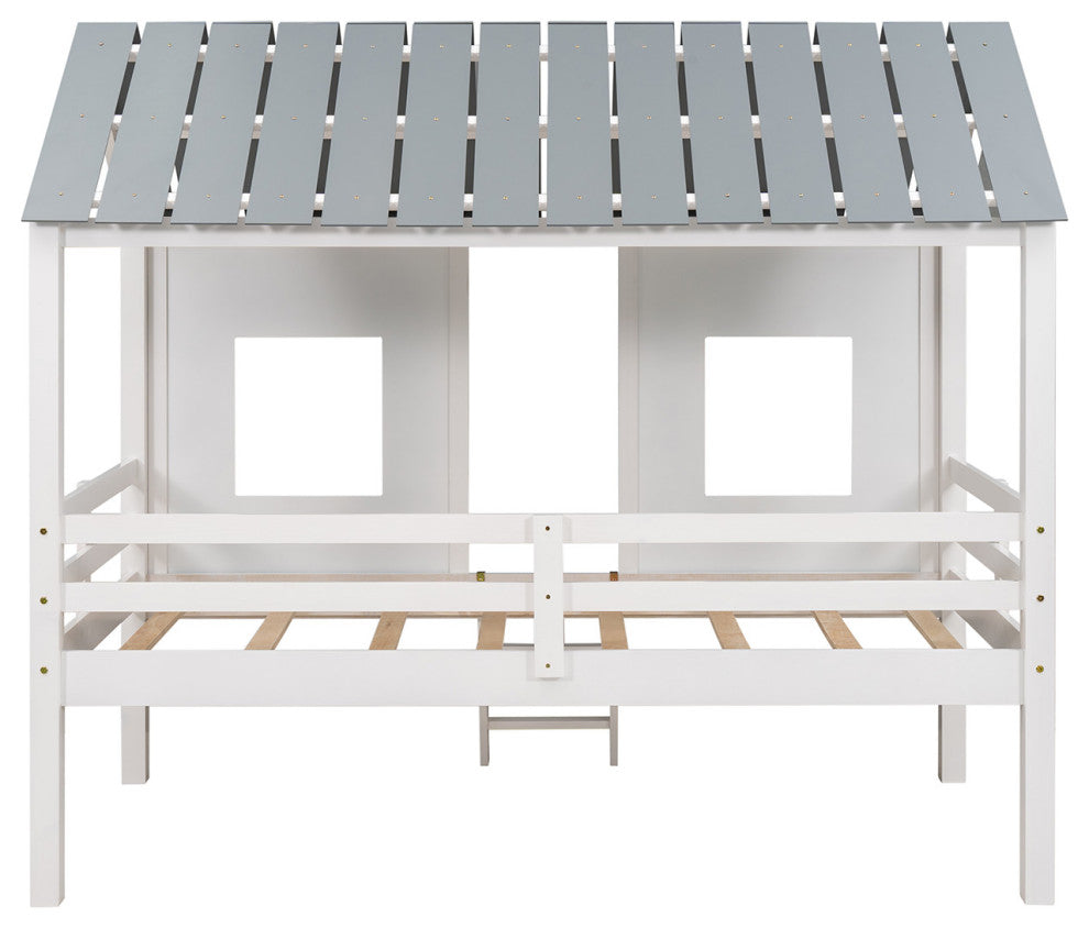 Gewnee Twin Size Low Loft House Bed with Roof and Two Front Windows in White