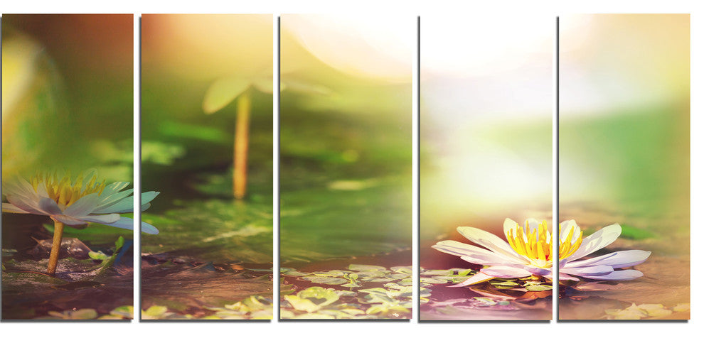 Lotus Flowers on Green Background, Large Flower Canvas Print, 60"x28", 5 Panels
