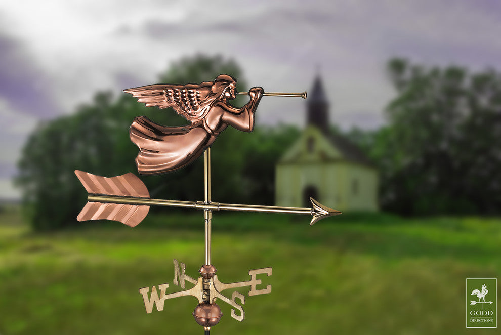 Polished Copper Angel Weathervane, Roof Mount