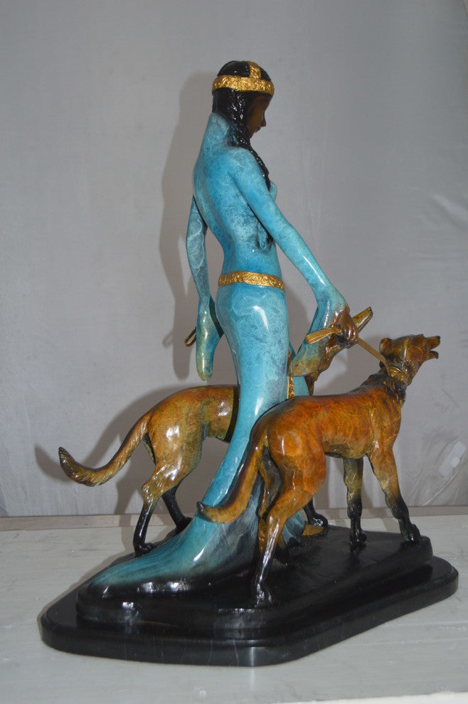 Lady with Her Two Dogs Bronze Statue -  Size: 18"L x 12"W x 23"H.