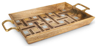Mango Wood With Laser and Metal Inlay Weave Design Tray, Gold-tone Handles