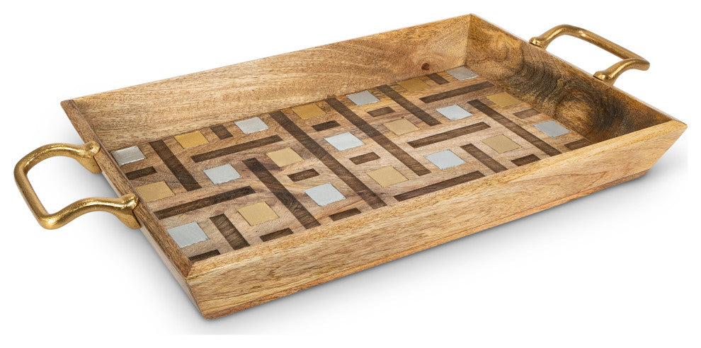 Mango Wood With Laser and Metal Inlay Weave Design Tray, Gold-tone Handles