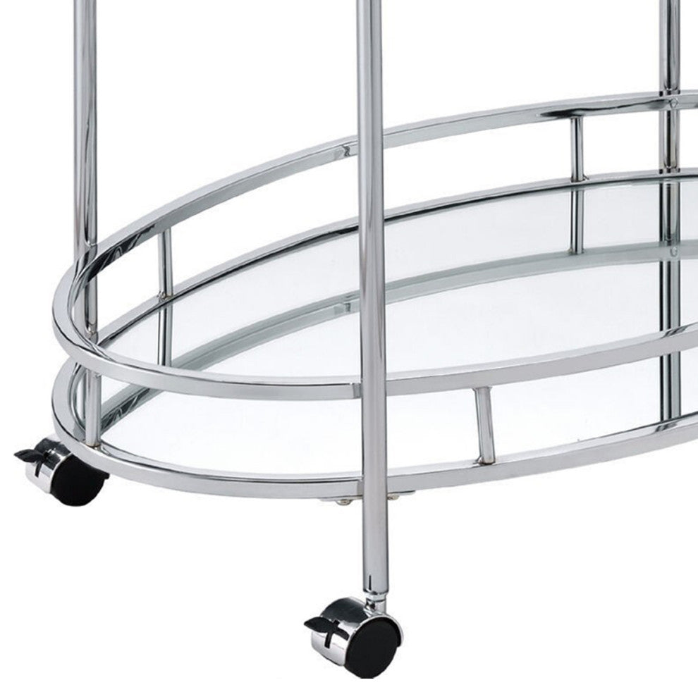 Benzara BM250318 Serving Cart With Tubular Frame/2 Tier Glass Shelves, Chrome