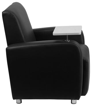 Black Leather Guest Chair with Tablet Arm, Chrome Legs and Cup Holder