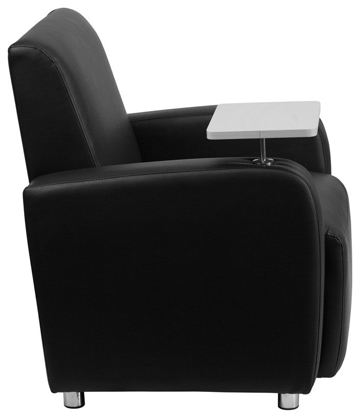 Black Leather Guest Chair with Tablet Arm, Chrome Legs and Cup Holder