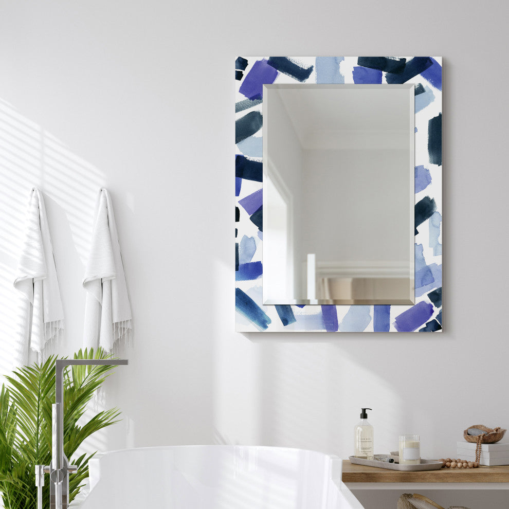 "Cerulean"Beveled Mirror on Printed Abstarct Tempered Art Glass, 40x30"