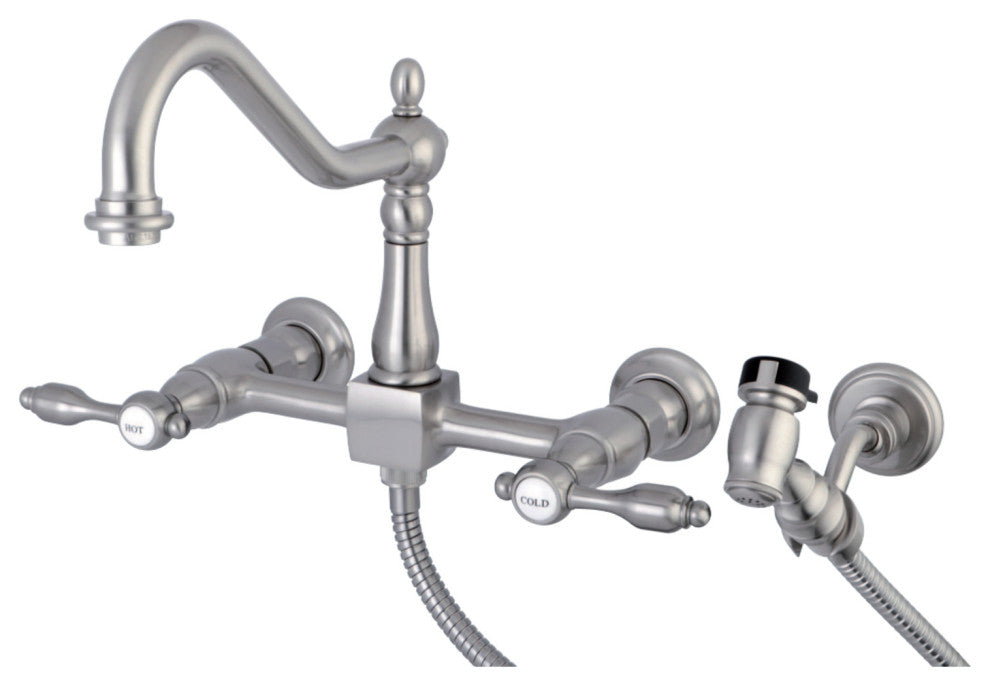Kingston Brass Wall Mount Bridge Kitchen Faucet With Brass Sprayer, Brushed Nick