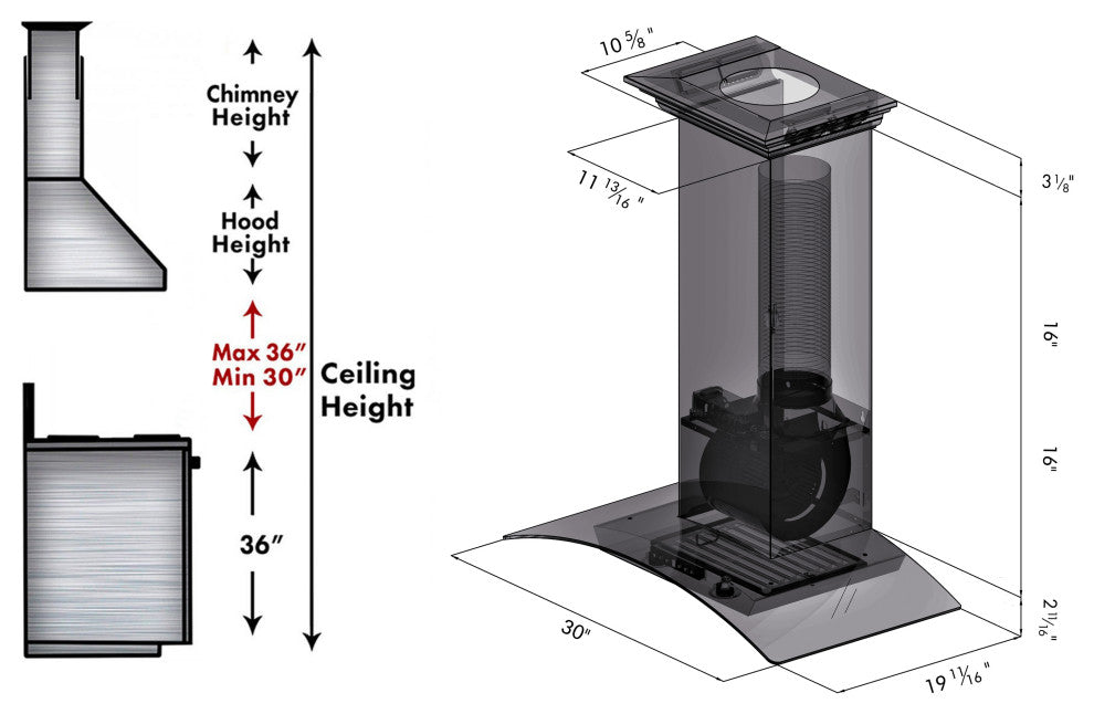 ZLINE 30" Wall Mount Hood, Stainless Steel and Glass With Crown Molding KZCRN-30
