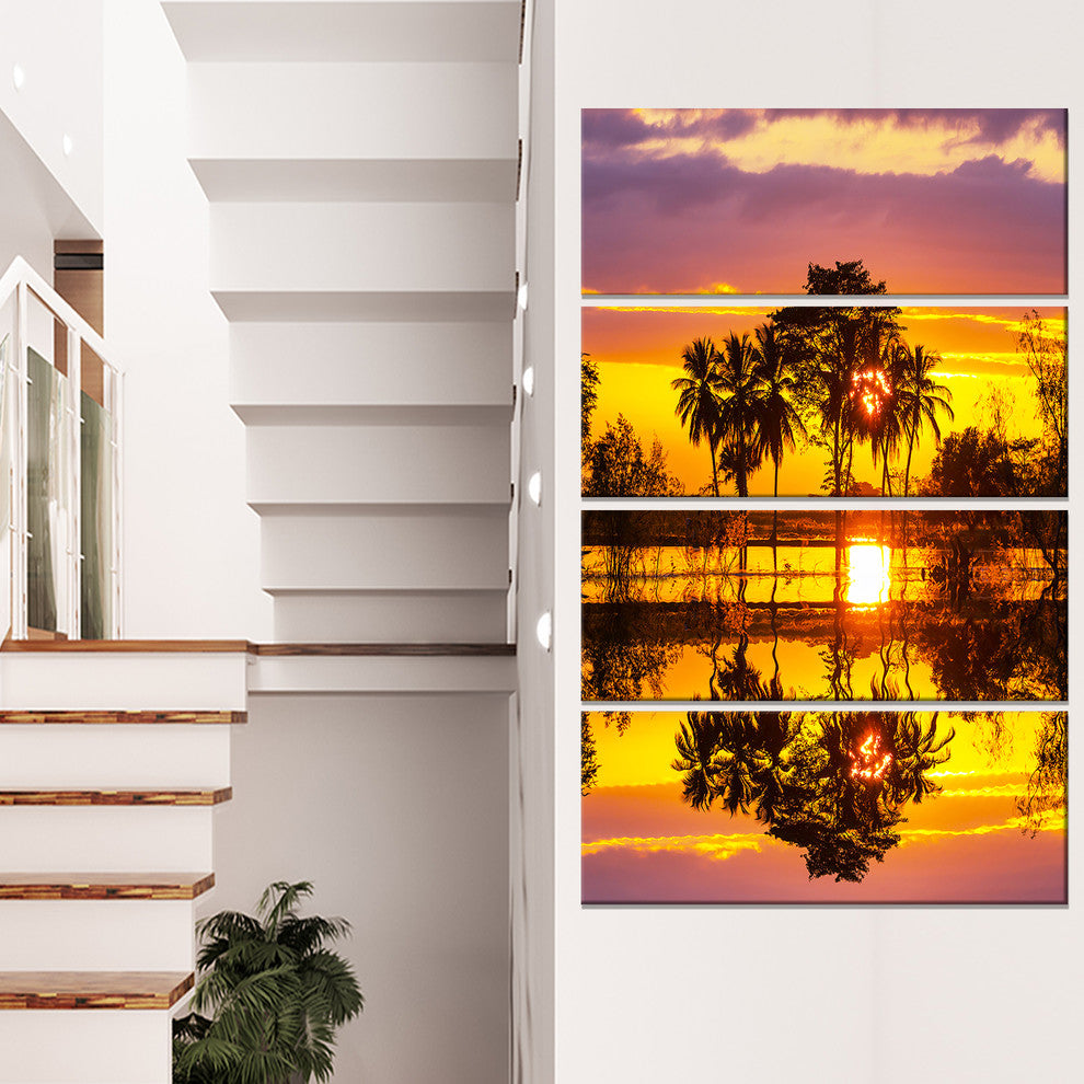 Trees Mirrored in Flooded Waters, Landscape Canvas Wall Art, 28"x48", 4 Panels