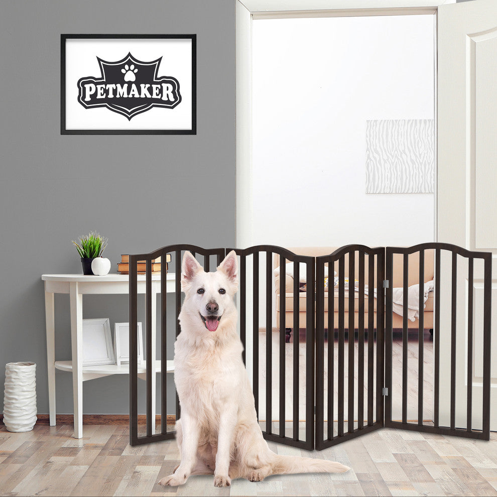 Wooden Pet Gate Tall Freestanding 4 Panel Foldable 72 x32" PETMAKER, Brown