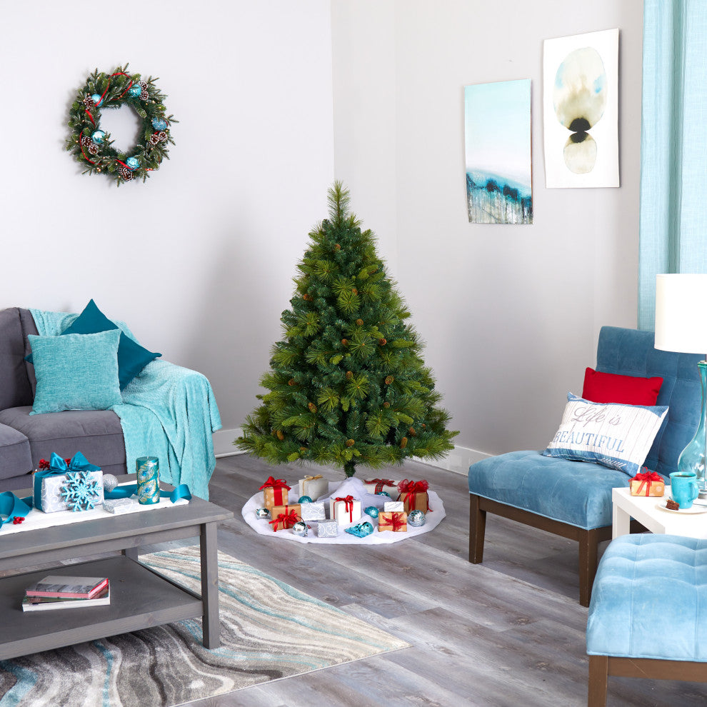 5' North Carolina Pine Faux Xmas Tree W/Lights, Bendable Branches & Pinecones