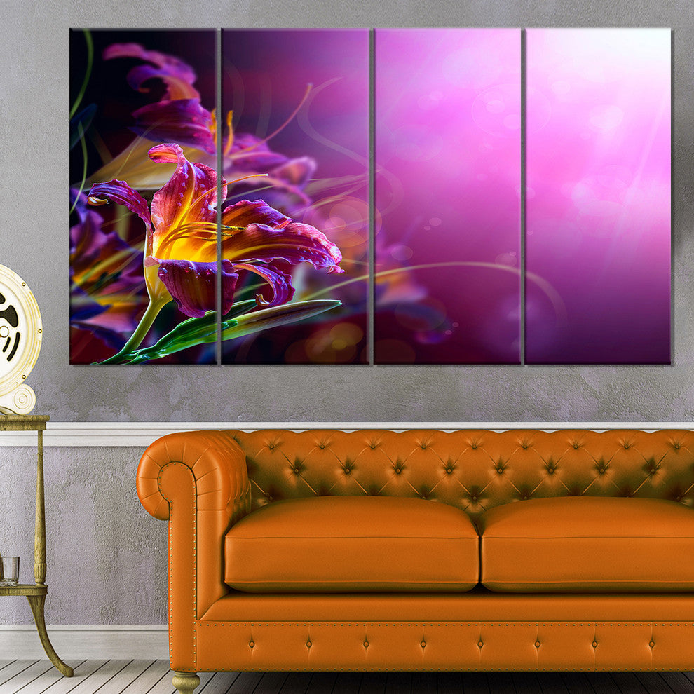 Flowers on Purple Background, Floral Canvas Art Print, 48"x28", 4 Panels
