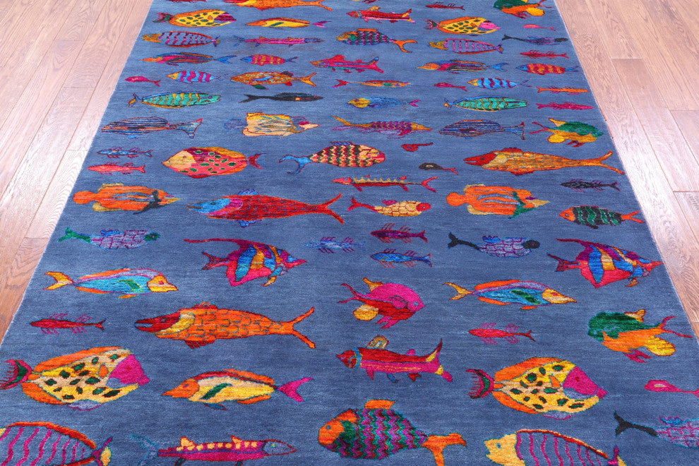 6' 0" X 9' 0" Gabbeh Fish Design Hand-Knotted Wool & Silk Rug - Q15980