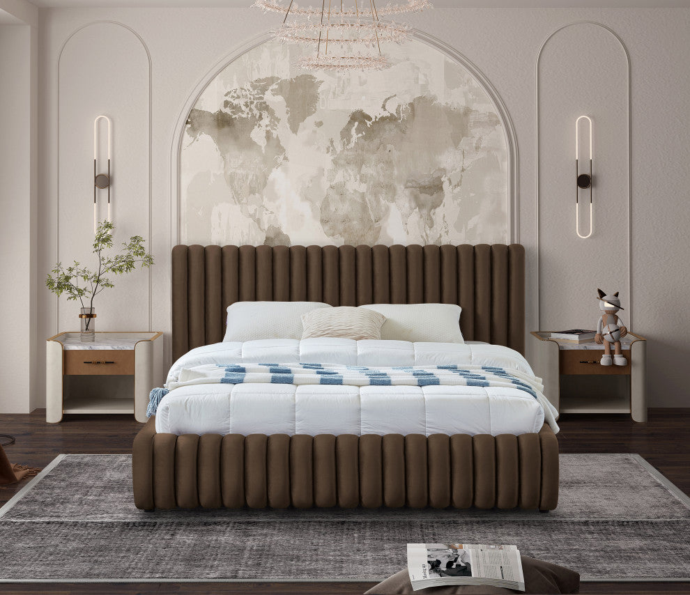 Nico Black Velvet Upholstered Bed, Brown, Full