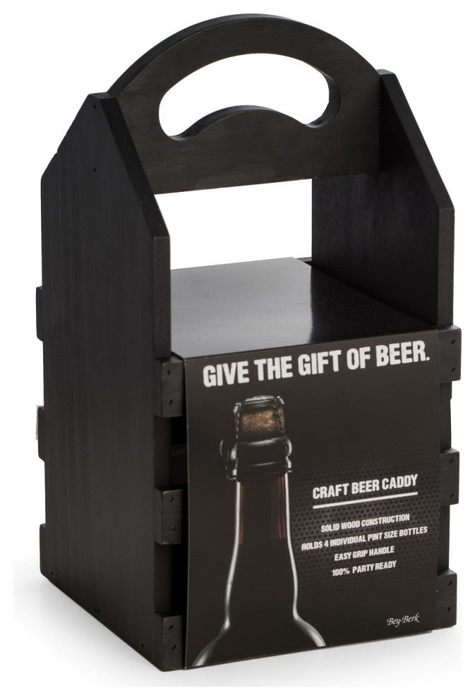 Black Solid Wood 4 Bottle Caddy, Ergonomic Curved Built, Handle